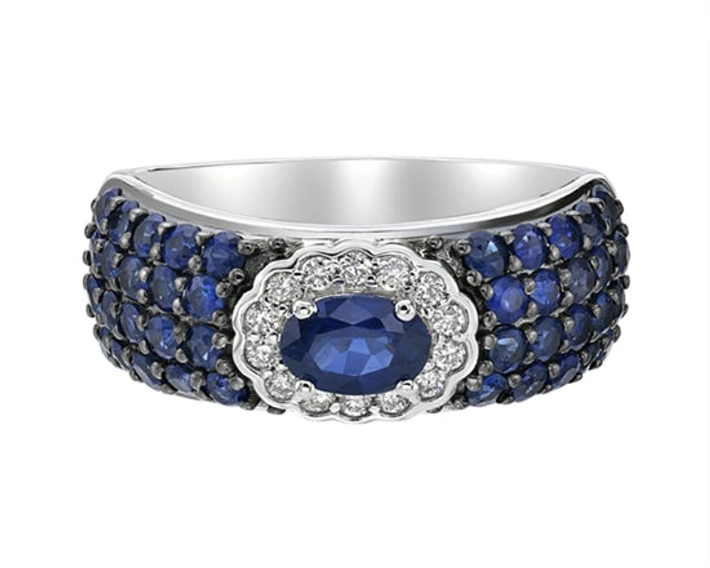 10K White Gold 6x4mm Oval Cut and 1.80mm Round Cut Sapphire and 0.13cttw Diamond Scallop Halo Ring - Size 7