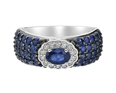 10K White Gold 6x4mm Oval Cut and 1.80mm Round Cut Sapphire and 0.13cttw Diamond Scallop Halo Ring - Size 7