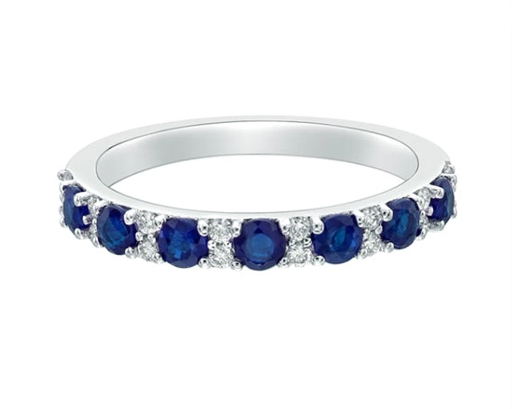 10K White Gold 2.70mm Round Cut Sapphire and 0.155cttw Diamond Ring - Size 7