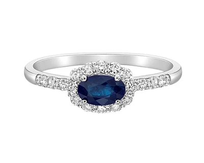 14K White Gold 6x4mm Oval Cut Sapphire and 0.35cttw Diamond Halo Ring - Size 7