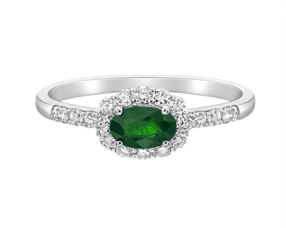 14K White Gold 6x4mm Oval Cut Emerald and 0.35cttw Diamond Halo Ring - Size 7
