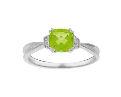 10K White Gold 6mm Cushion Cut Peridot and 0.02cttw Diamond Ring - Size 7
