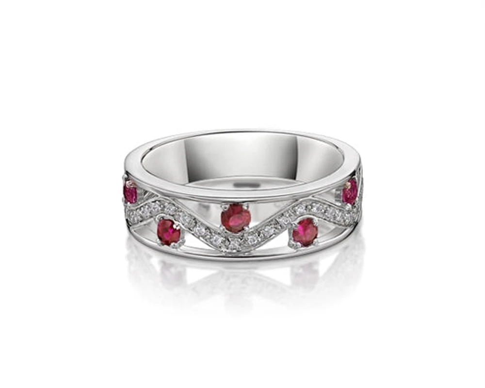 10K White Gold 2.80mm Round Cut Ruby and 0.11cttw Diamond Ring - Size 7