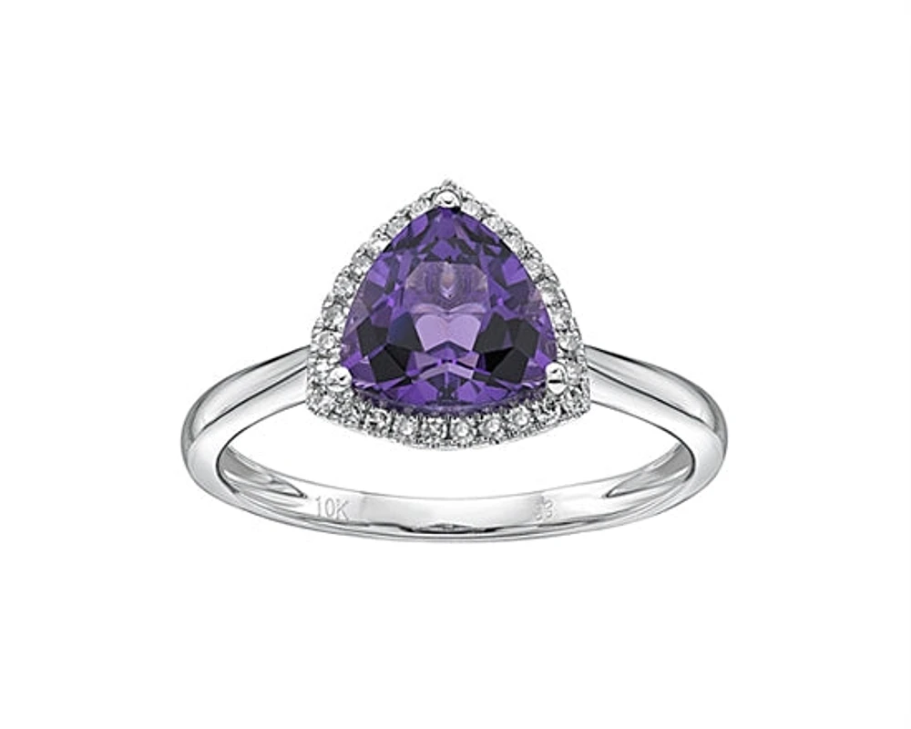 10K White Gold 1.62cttw Trillion Cut Amethyst and 0.135cttw Diamond Ring, size 7