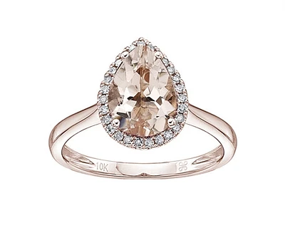 10K Rose Gold 10x7mm Pear Cut Morganite and 0.135cttw Diamond Halo Ring - Size 7