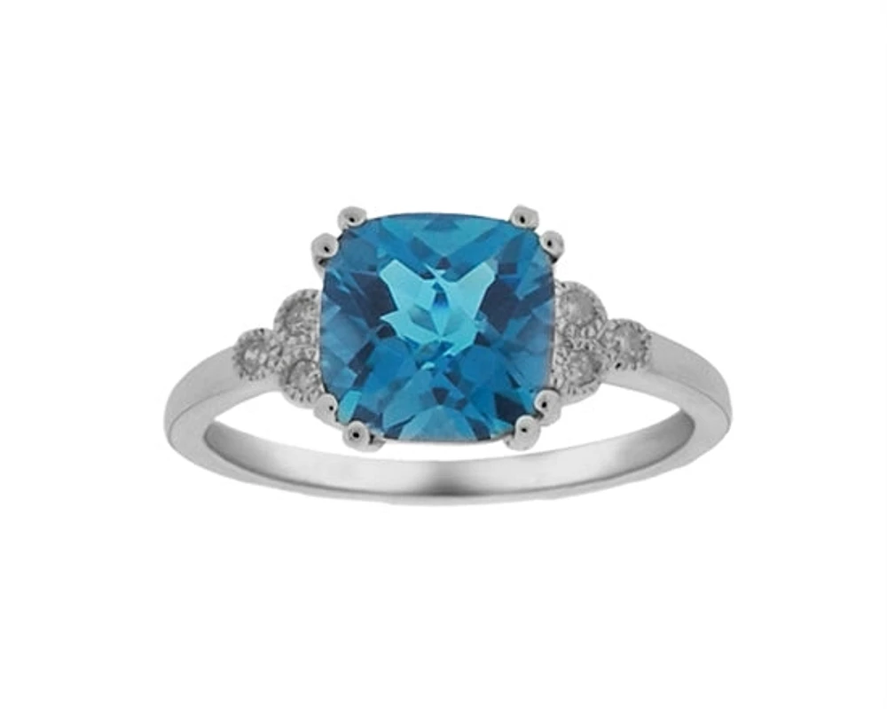 10K White Gold 8mm Cushion Cut London Blue Topaz and 0.06cttw Diamond Ring - Size 7
