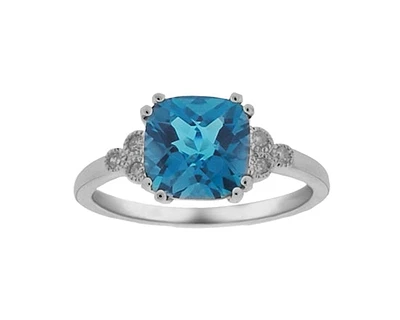 10K White Gold 8mm Cushion Cut London Blue Topaz and 0.06cttw Diamond Ring - Size 7