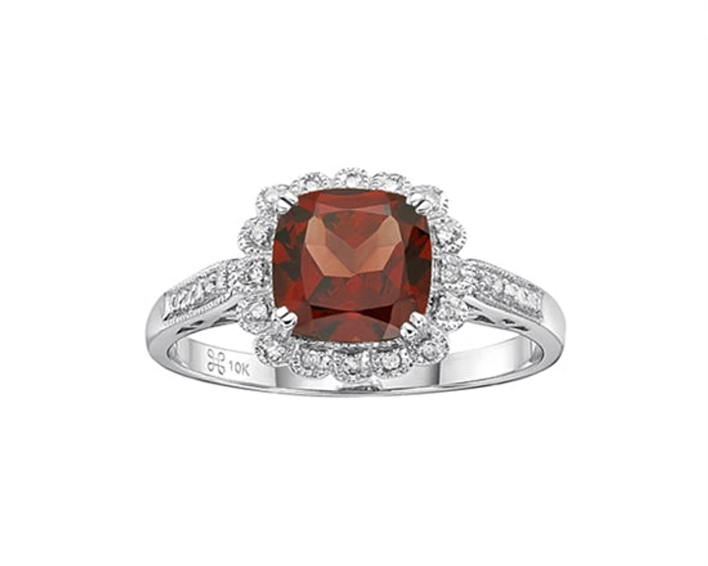 10K White Gold Cushion Cut Garnet and 0.07cttw Diamond Scallop Halo Ring - Size 7