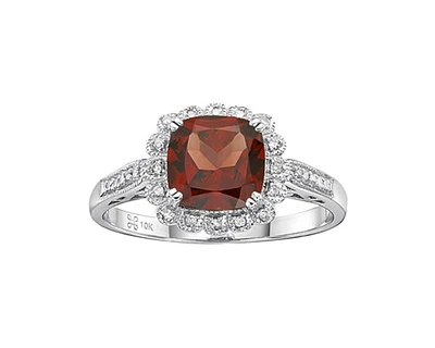 10K White Gold Cushion Cut Garnet and 0.07cttw Diamond Scallop Halo Ring - Size 7