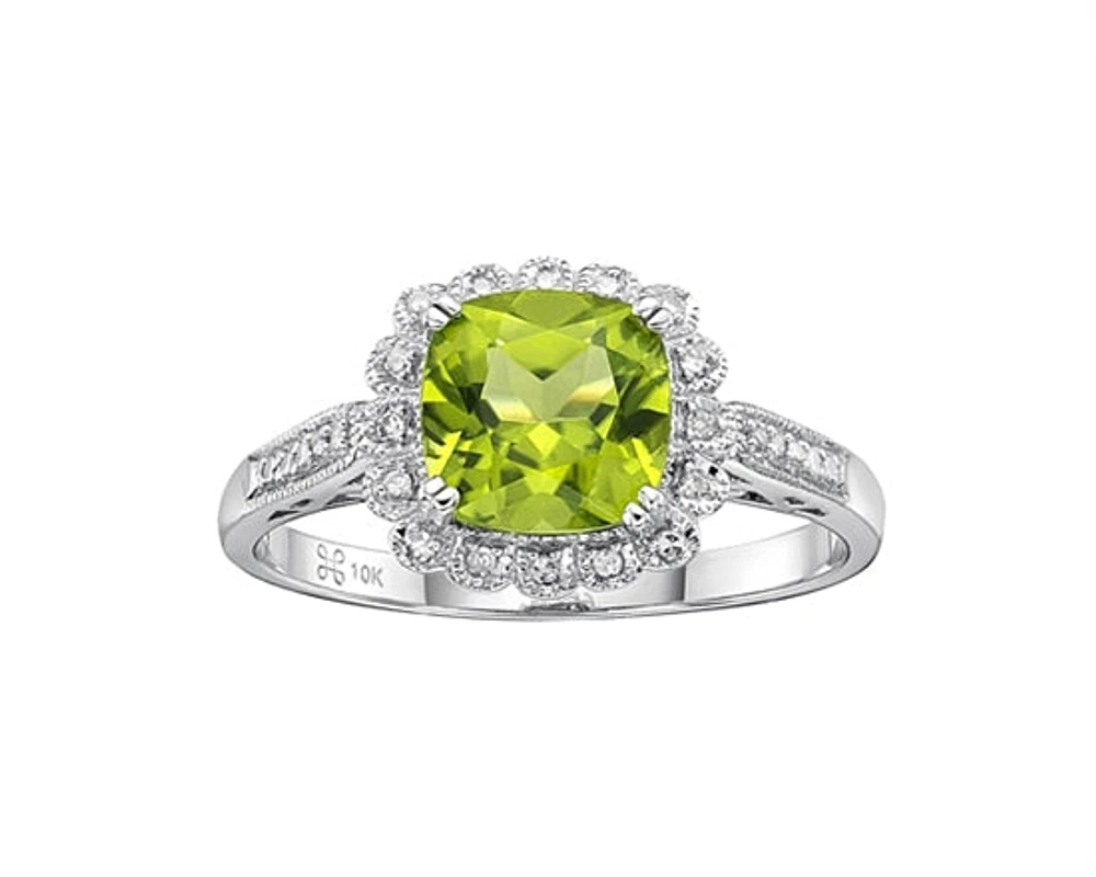 10K White Gold 7mm Cushion Cut Peridot and 0.07cttw Diamond Scallop Halo Ring - Size 7