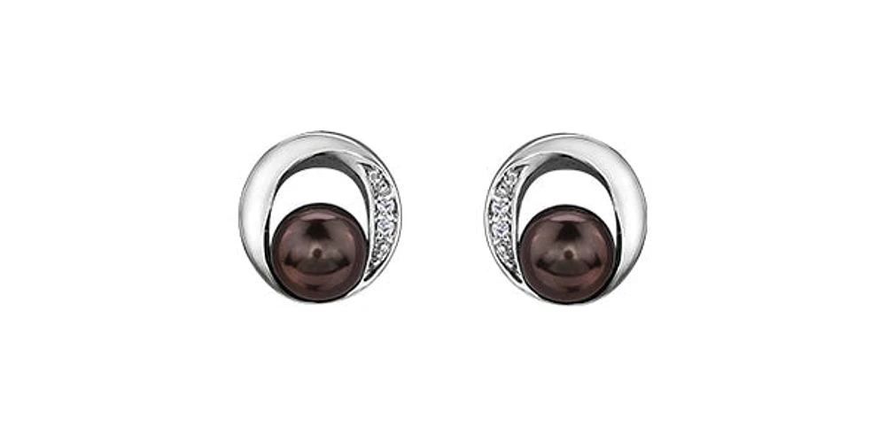 10K White Gold Black Pearl & Diamond Earring