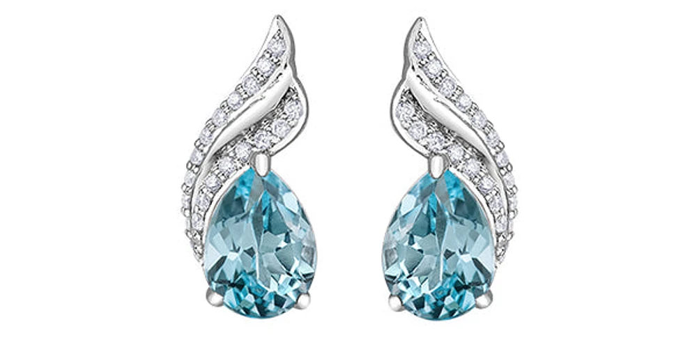 10K White Gold  Blue Topaz &  Diamond Stud Earrings