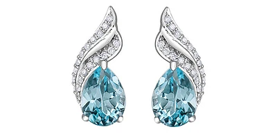 10K White Gold  Blue Topaz &  Diamond Stud Earrings