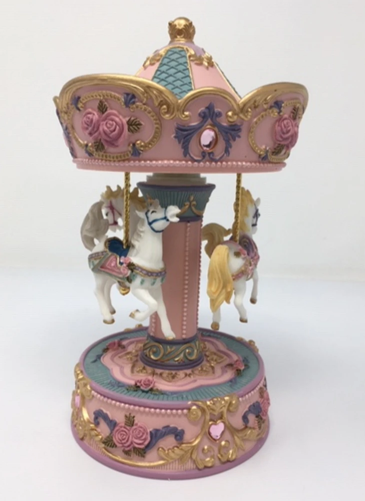 Large Pink 3 Horse Carousel Musical