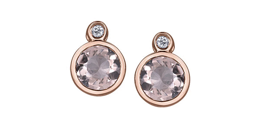10K Two Tone Rose and White Gold 5mm Morganite and 0.02cttw Diamond Stud Earrings.