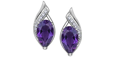 10K White Gold 10 x 6mm Genuine Amethyst and 0.07cttw Diamond Earrings