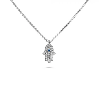 14K White Gold Sapphire and Diamond Evil Eye Hamsa Necklace, 18"