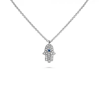 14K White Gold Sapphire and Diamond Evil Eye Hamsa Necklace, 18"