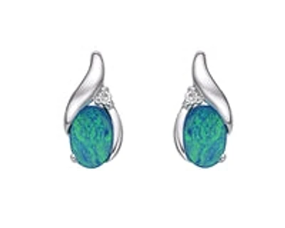 10K White Gold 4mm x 6mm Australian Doublet Opal and 0.02cttw Diamond Earrings