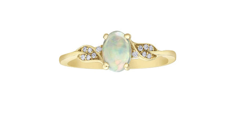 10K Yellow Gold 7mm x 5mm Opal and 0.04cttw Diamond Ring - Size 6.5