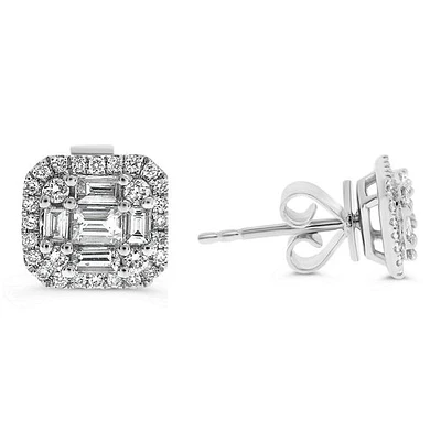 14K White Gold 0.57cttw Diamond Halo Illusion Set Baguette Cut and Round Brilliant Cut Stud Earring