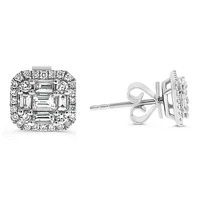 14K White Gold 0.57cttw Diamond Halo Illusion Set Baguette Cut and Round Brilliant Cut Stud Earring
