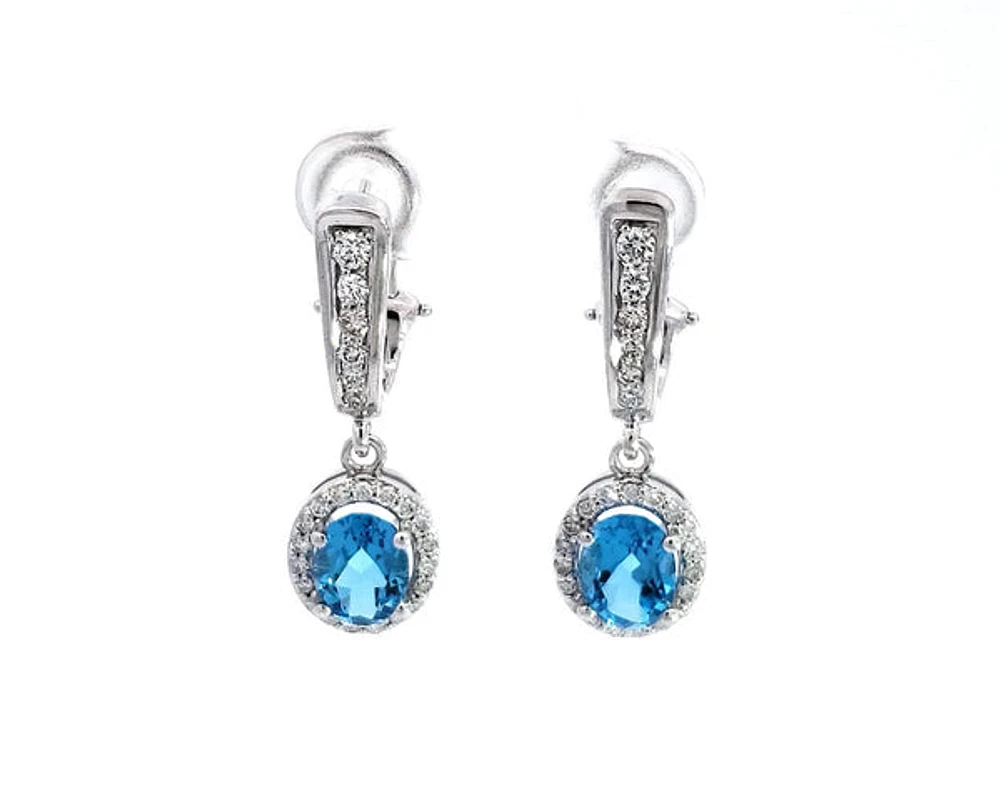 14K Gold Blue Topaz and Diamond Dangle Earrings