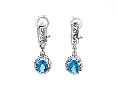 14K Gold Blue Topaz and Diamond Dangle Earrings