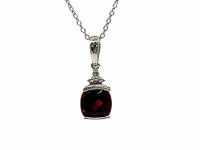 10K White Gold 6mm Garnet and 0.007cttw Diamond Necklace - 18 Inches