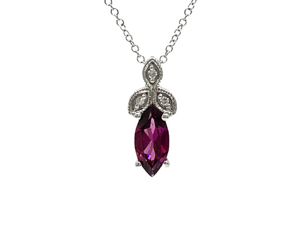 10K White Gold 8mm x 4mm Rhodalite Garnet and 0.02cttw Diamond Pendant with Rolo Chain - 18 Inches