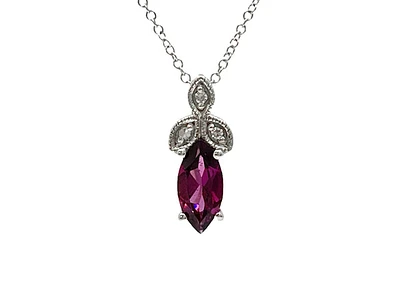 10K White Gold 8mm x 4mm Rhodalite Garnet and 0.02cttw Diamond Pendant with Rolo Chain - 18 Inches
