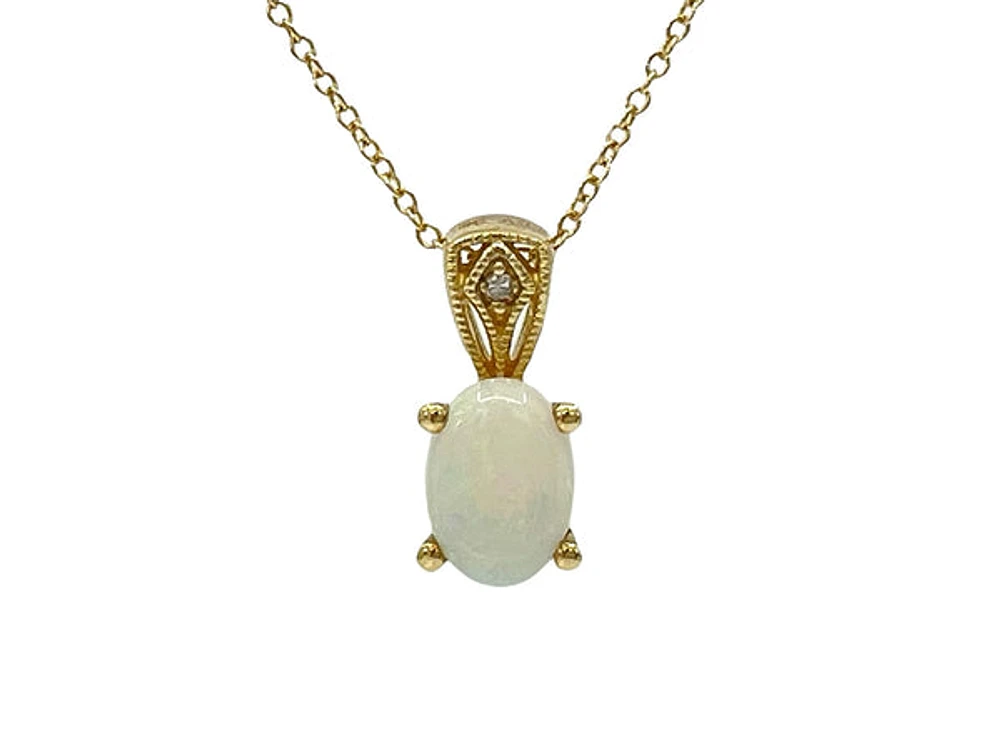 10K Yellow Gold Opal and Diamond Pendant, 18"
