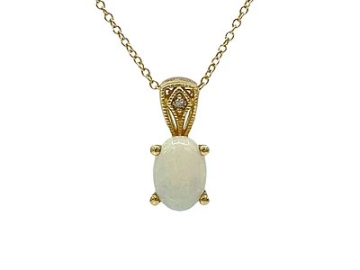 10K Yellow Gold Opal and Diamond Pendant, 18"