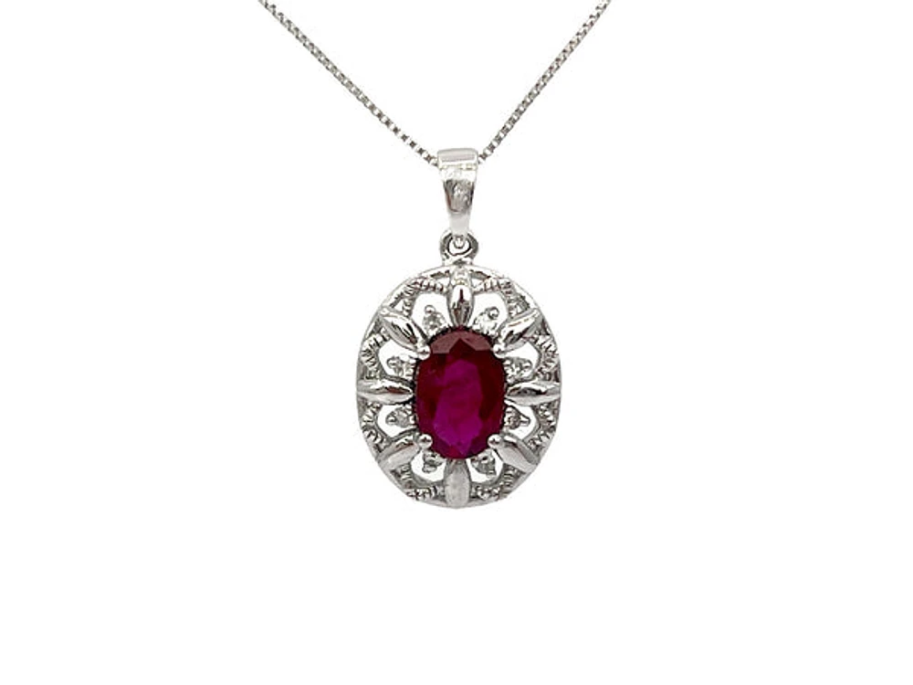 10K White Gold Ruby and Diamond Pendant, 18"