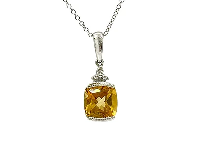 10K White Gold 1.00cttw Cushion Cut Citrine and 0.007cttw Diamond Pendant, 18"