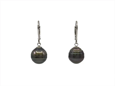 14K White Gold 12mm Tahitian Pearl Dangle Earrings with Lever Back Closure