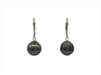 14K White Gold 12mm Tahitian Pearl Dangle Earrings with Lever Back Closure