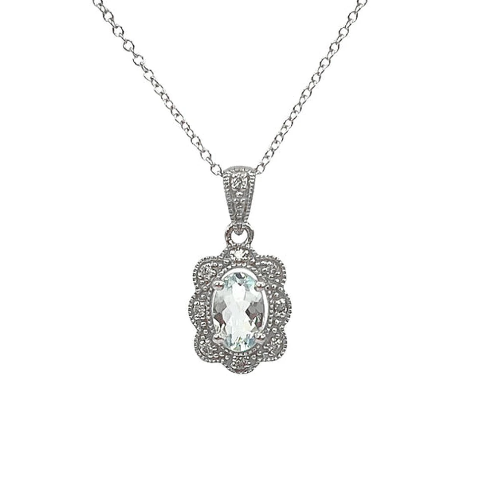 10K White Gold 0.35cttw Aquamarine and 0.039cttw Diamond Pendant - 18"