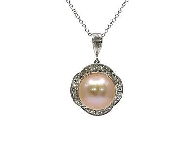 10K White Gold Pink Fresh Water Pearl and White Topaz Pendant, 18"