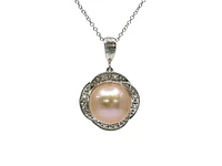 10K White Gold Pink Fresh Water Pearl and White Topaz Pendant, 18"