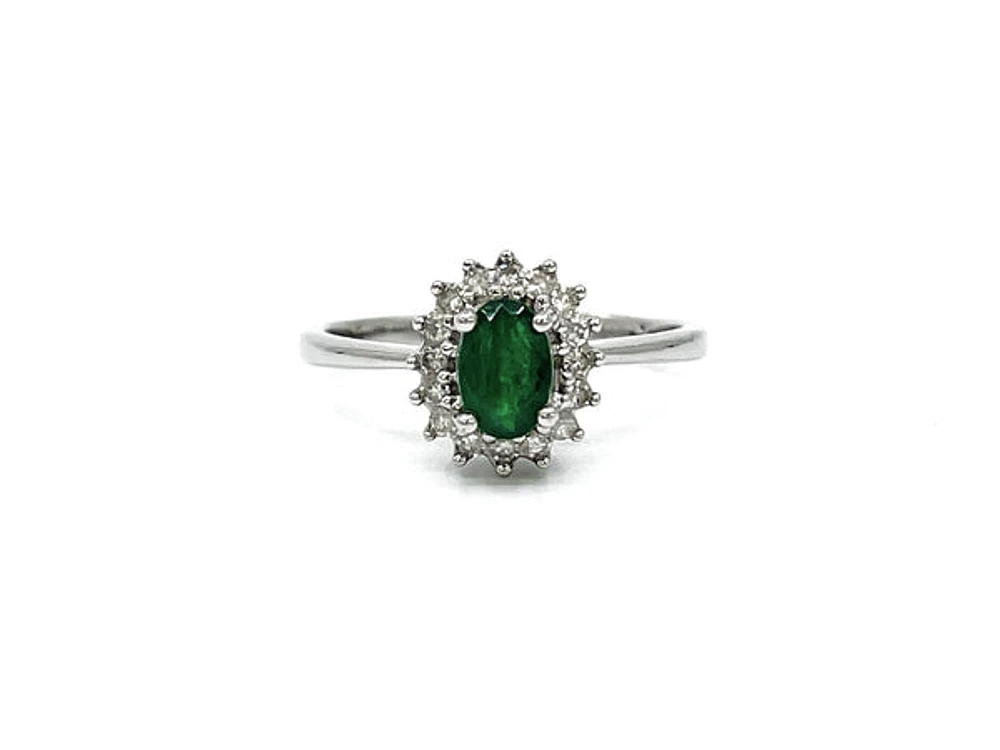 10K White Gold Emerald & 0.16cttw Diamond Ring, size 6.5