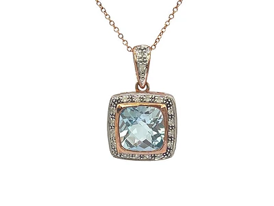10K Rose Gold 8mm Cushion Cut Blue Topaz and 0.063cttw Diamond Pendant, 18"