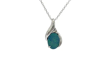 10K White Gold 5mm x 7mm Australian Opal Doublet and 0.01cttw Diamond Necklace - 18 Inches