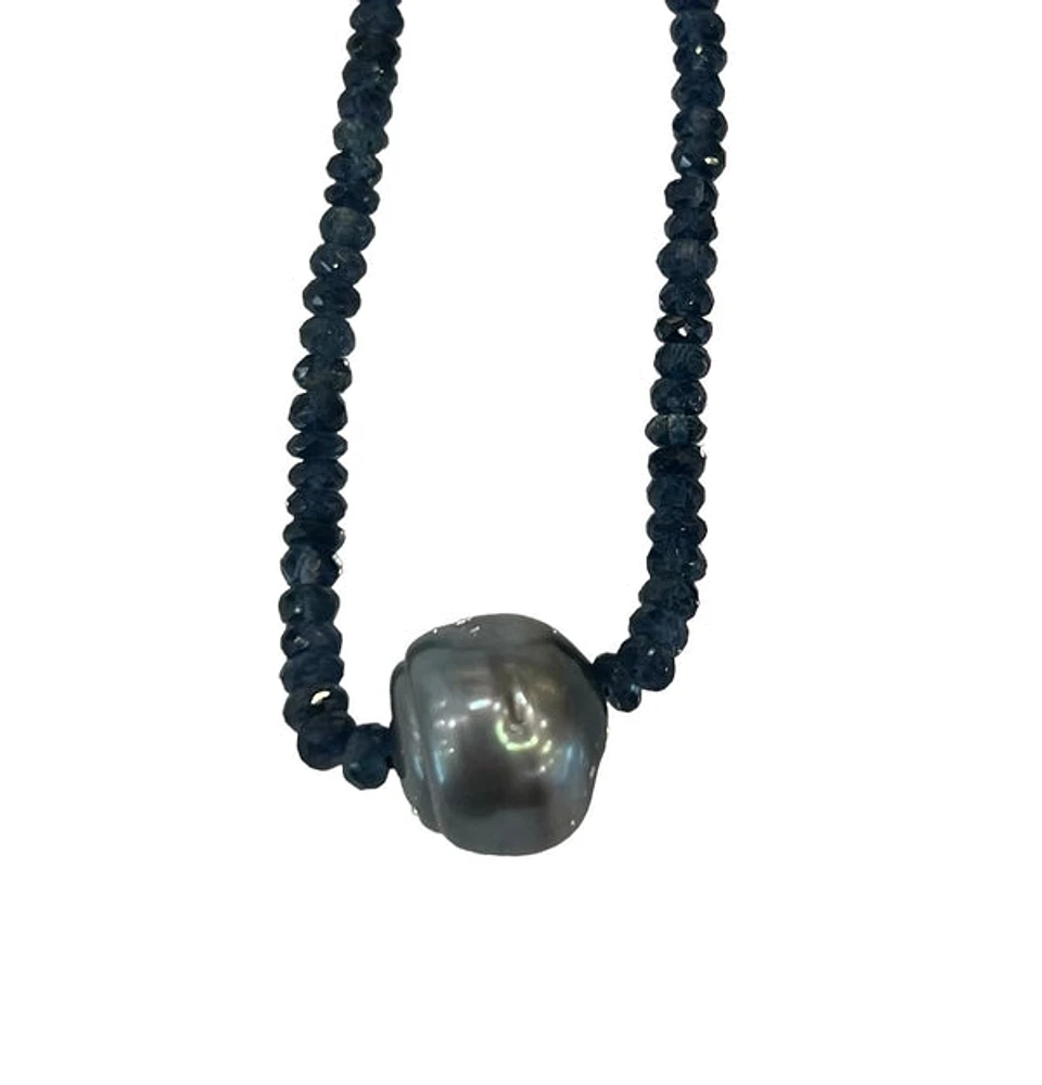 18K White Gold Faceted Sapphire Bead and Tahitian Pearl Strand - 18"