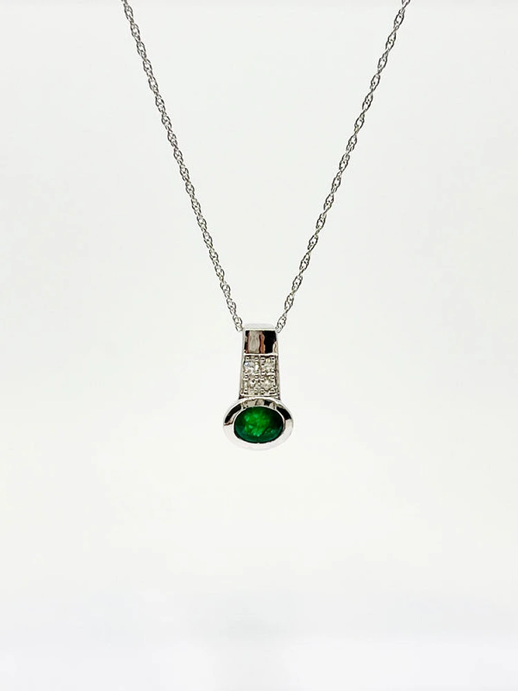 10K White Gold Genuine Emerald and Diamond Pendant, 18"