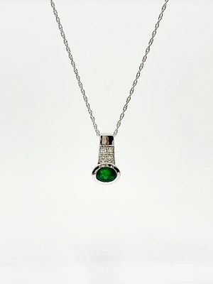 10K White Gold Genuine Emerald and Diamond Pendant, 18"