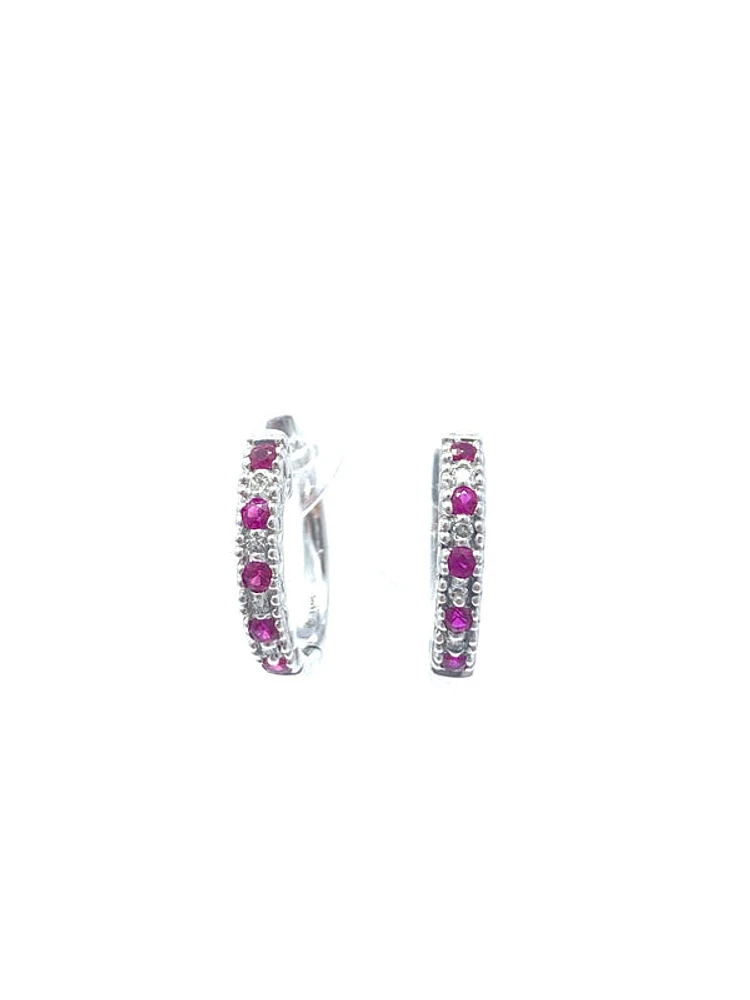 10K White Gold 0.20cttw Genuine Ruby and 0.04cttw Diamond Hoop Huggie Hinged Earrings