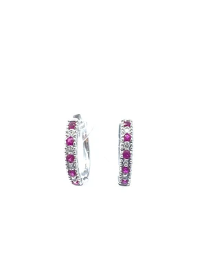 10K White Gold 0.20cttw Genuine Ruby and 0.04cttw Diamond Hoop Huggie Hinged Earrings