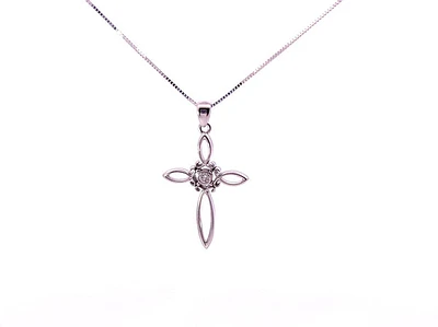10K White Gold 0.05cttw Diamond Cross Necklace, 18"