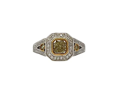 18K White & Yellow Gold 1.10Cttw Fancy Diamond Radiant Cut Engagement Ring